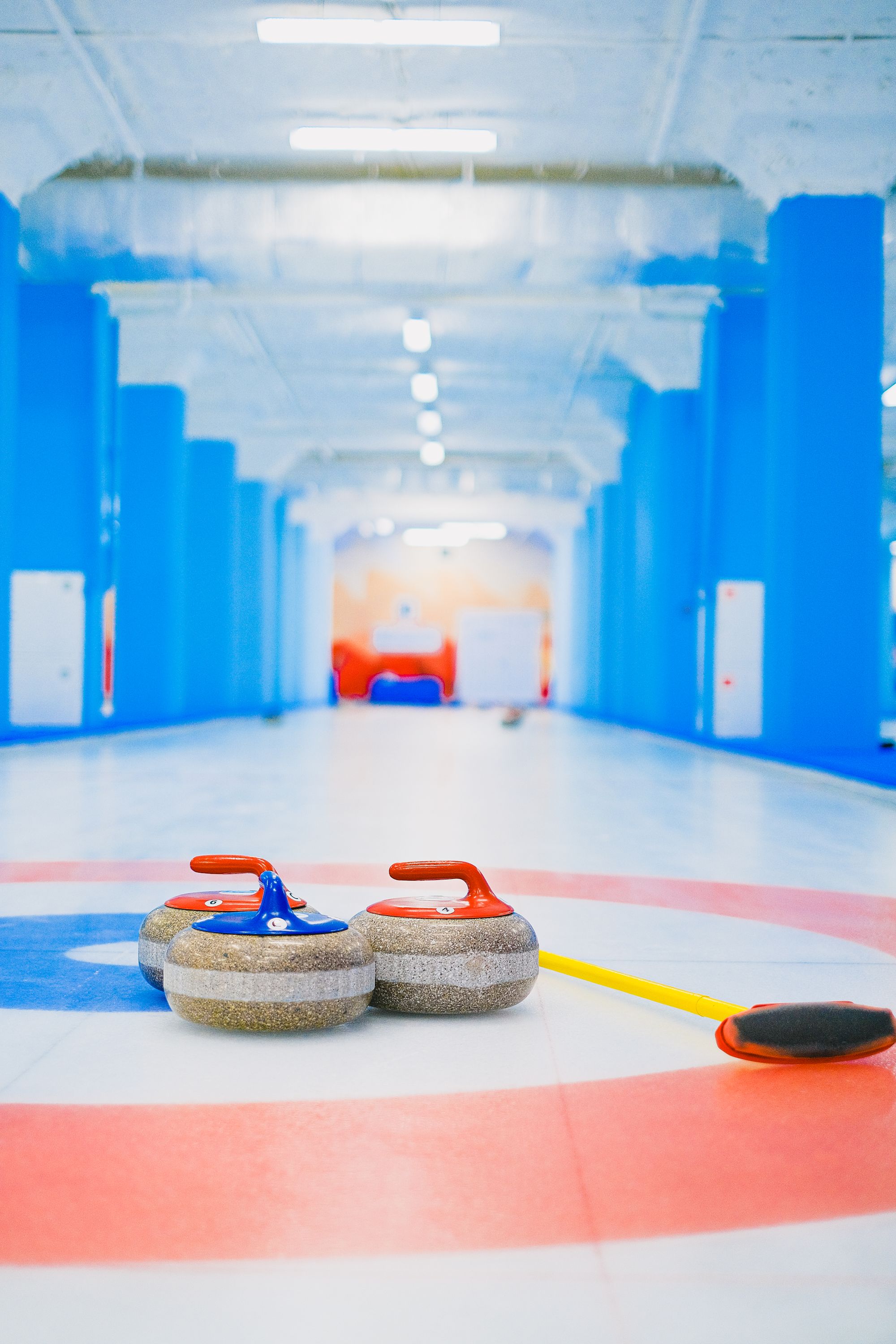 A curling sheet with the house and stones on the ice